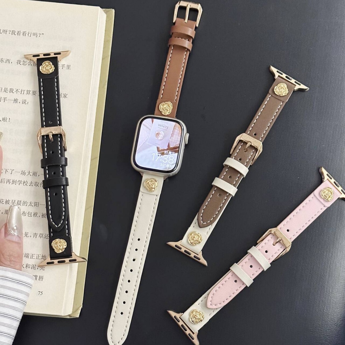 Leather Colorblock Camellia Suitable for Apple S9 Strap applewatch876543 New UltraSE Women