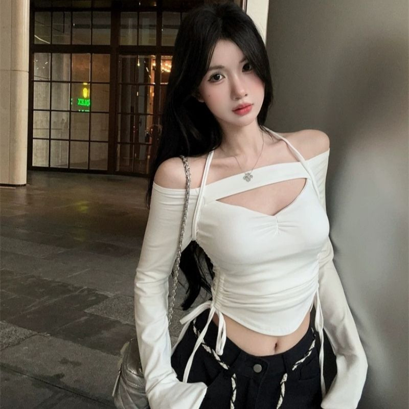 One-Shoulder Hollow-Out Tie-Up Long-Sleeve T-Shirt for Women 2026 Spring and Autumn Thin Style Pure Desire Sexy Slim-Fit Short Top One-Shoulder Hollow-Out Tie-Up Long-Sleeve T-Shirt for Women 2026 Spring and Autumn Thin Style Pure Desire Sexy Slim-Fit Short Top