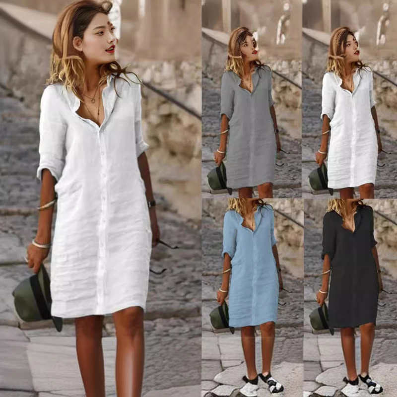 2023 Amazon independent station cross-border new loose lapel button half sleeve solid color cotton and linen shirt dress
