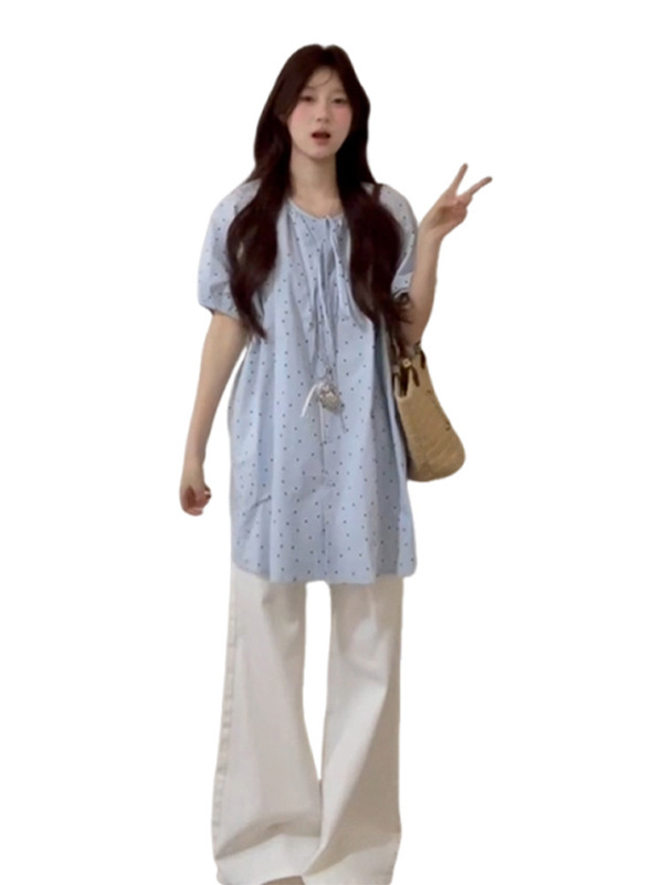 蓝色波点泡泡袖衬衫女夏季2025新款小众设计感宽松慵懒温柔风上衣|undefined