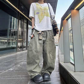 美式简约军绿色阔腿工装裤女2025春vibe松弛慵懒时尚简约遮肉潮裤