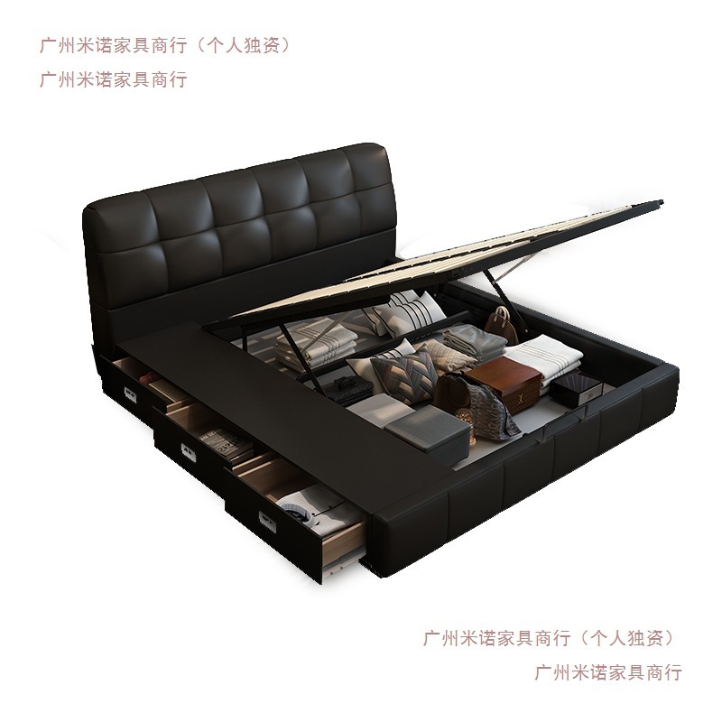 Modern Minimalist Italian-Style Black Puff Bed, Genuine Leather Small Apartment Storage Bed, Double Bed, Wedding Bed, Leather Art Bed, Large Bed 5