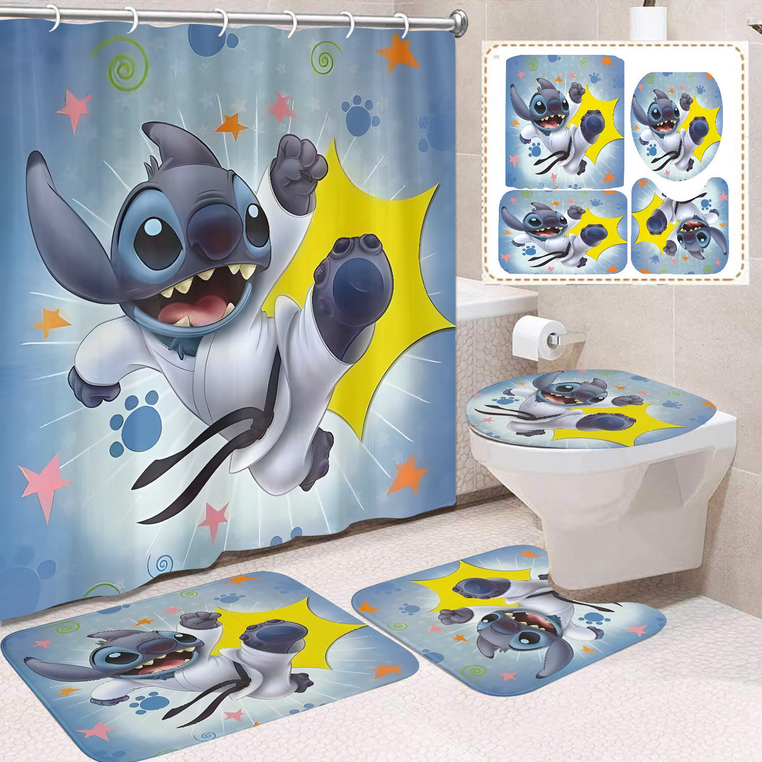 Venta directa de fábrica lindo baño de dibujos animados de cuatro piezas cortina de ducha impermeable cortina de ducha sin perforación cortina de partición de baño de baño