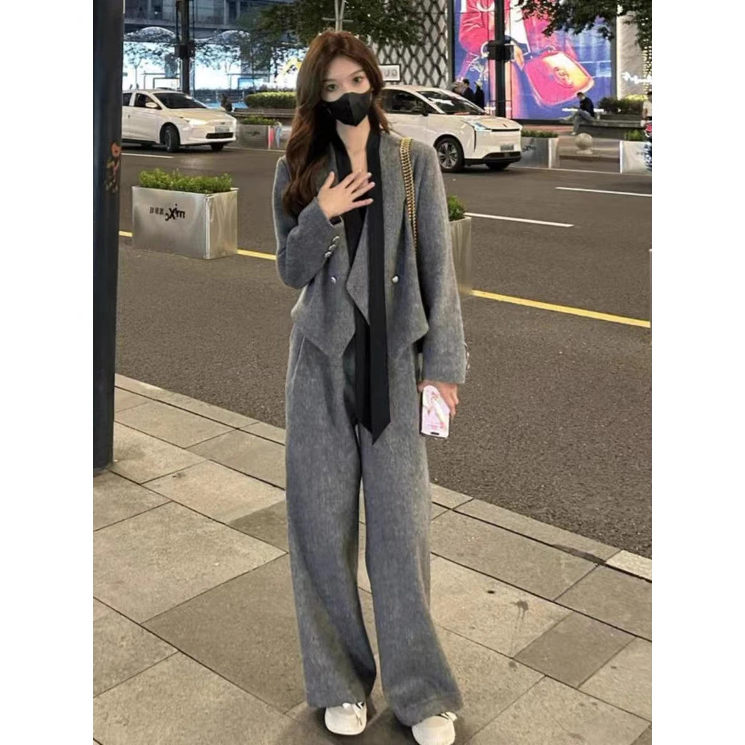 GraceChic Fashion Blazer di lana con nastro di alta qualità Pantaloni casual da donna Autunno Inverno Nuovo set due pezzi Stile coreano_voghion.com