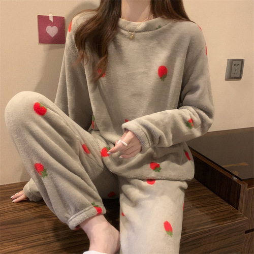 Coral Fleece Women's Winter Cute Strawberry Padded Thick Warm Plush Lined Pajama Set  New Homecoming Suit