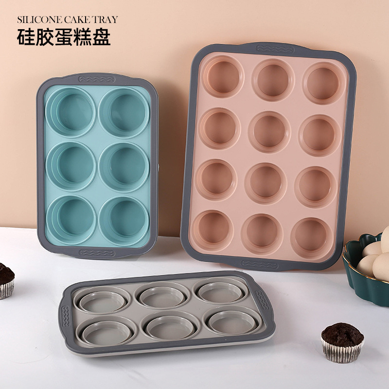 High Temperature Resistant 6, 12 Grids Food Grade Silicone Cake Round Muffin Cup Grinding Tool Oven Microwave Baking Tool