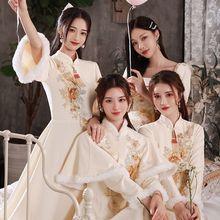 中式伴娘服批發新娘2022新款復古風婚禮姐妹團禮服連衣裙顯瘦冬季