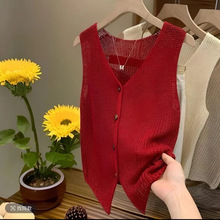 小香风冰丝糖果色背心显瘦设计感少女风复古通勤外搭针织衫黑色