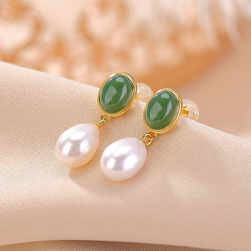 Bông tai bạc S925 mạ vàng đính ngọc trai nước ngọt và đá jasper sáp ong mặt trứng phong cách retro — Mô hình sáp ong