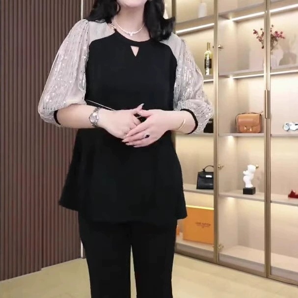 2025 летний новый легкий экстравагантный большой размер французский модный бисер с нижней шифоновая рубашка высокого класса плюс размер толстая женская одежда MM