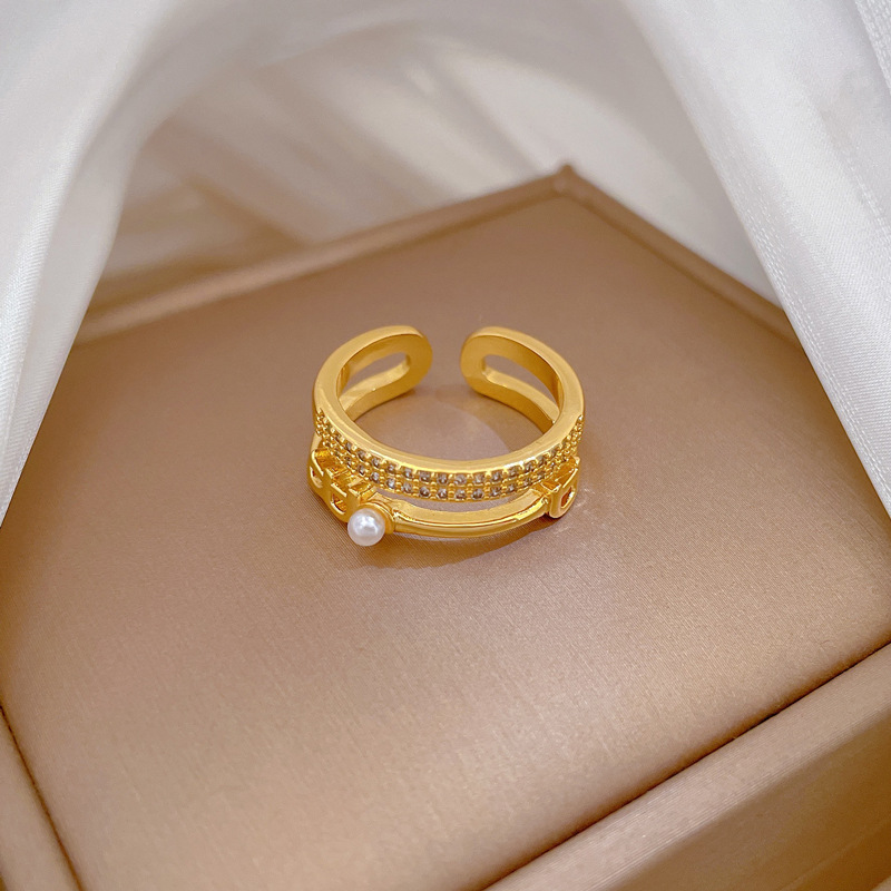 Doppelter Perlen- und Diamantring, verstellbar, schlichter japanischer Schmuckring, Partnerring_voghion.com
