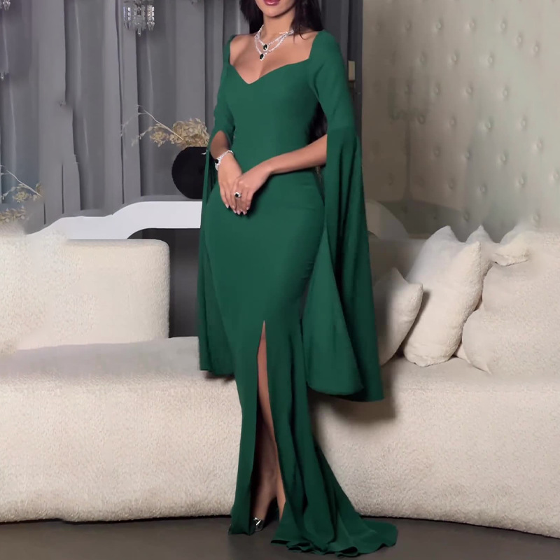 Europe and the United States cross-border 2024 autumn new women's low-cut super long bell sleeve slim split hip dress Europe and the United States cross-border 2024 autumn new women's low-cut super long bell sleeve slim split hip dress