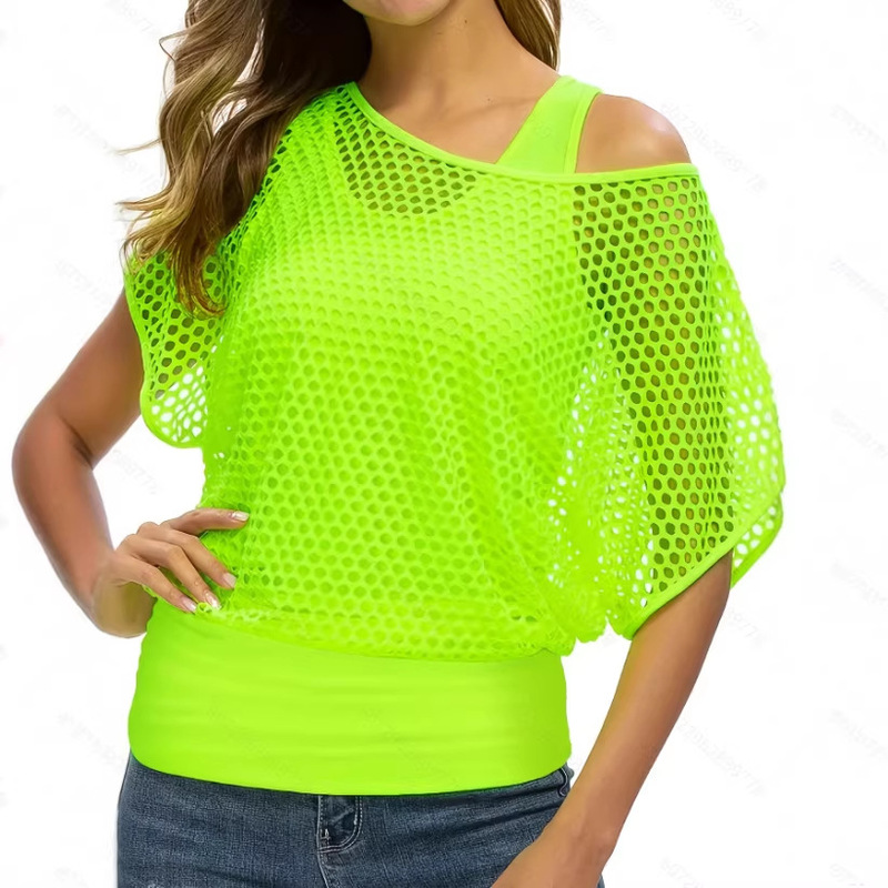 2026 Women's Spring/Summer Casual Solid Color Vintage Fishnet T-Shirt and Vest Set with Hollow Design Casual Two-Piece Set