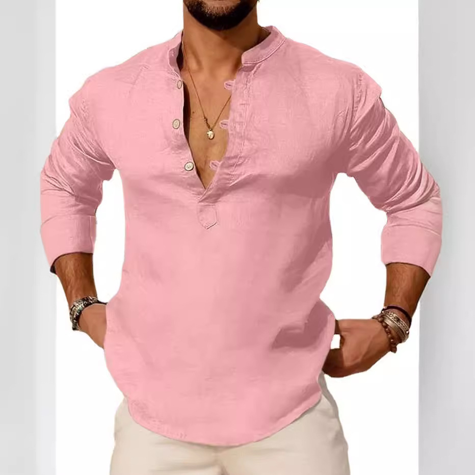 Nuevo 2023 camisa de primavera de los hombres de color sólido Henley cardigan manga larga suelta solapa de algodón y lino de los hombres camisa