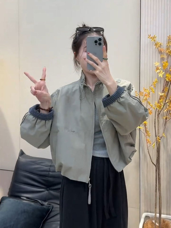 韩系立领格子拼接外套女2025秋装新款设计感小个子休闲夹克上衣潮|undefined