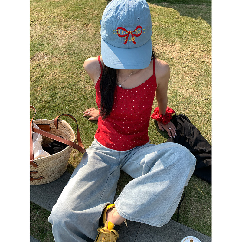 Huang Zheng with hairband lace hem stitching white wave dot sling women's 2025 summer sweet playful vest 520288