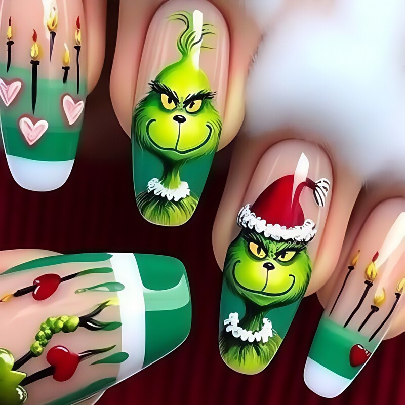 Christmas Green Furry Monster Grinch Nail Art Christmas Candle Heart Wearable Nails Fake Nail Pieces 2503 Christmas Green Furry Monster Grinch Nail Art Christmas Candle Heart Wearable Nails Fake Nail Pieces 2503