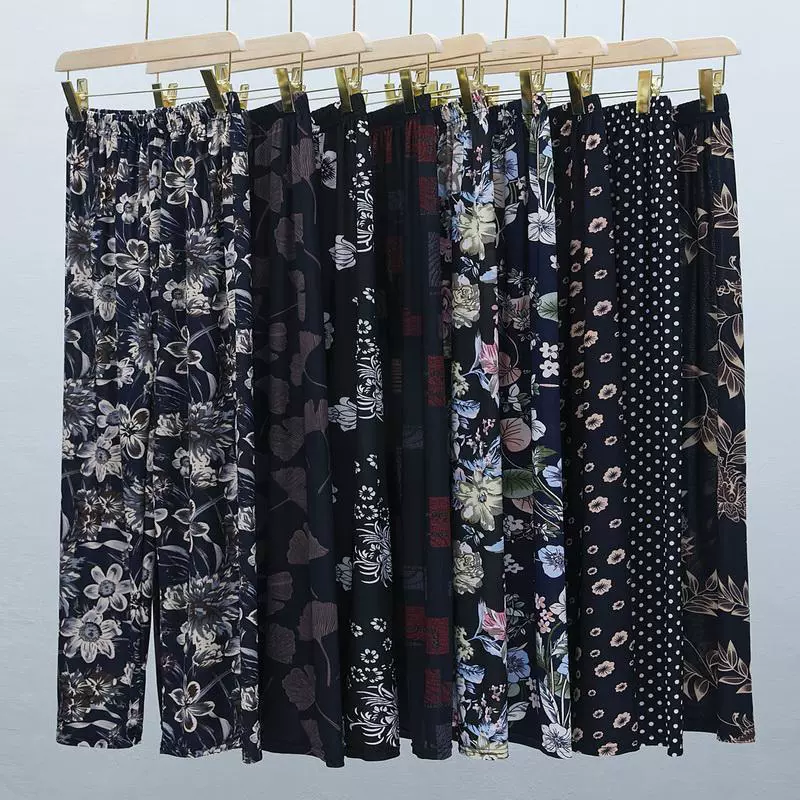 Брюки для мам среднего и пожилого возраста Брюки с цветочным принтом Брюки Для Бабушек Свободные тонкие брюки с завышенной талией Летние Пижамные брюки для пожилых людей