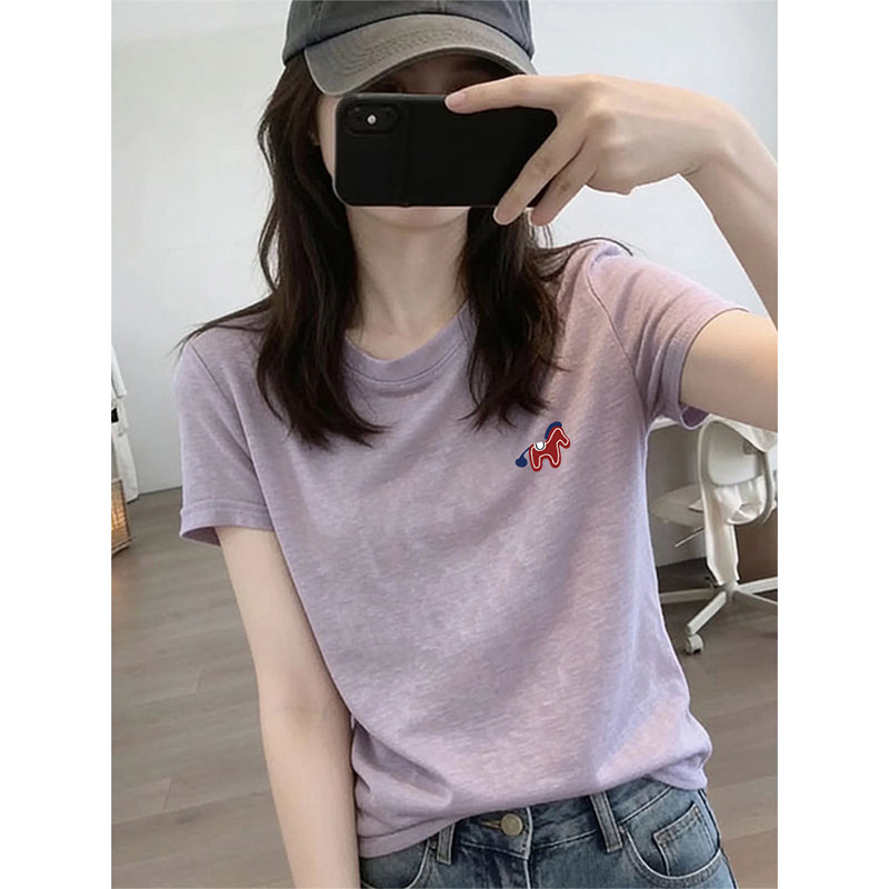 2026 New Summer Women's Thin Regular Shoulder Slim-Fit Versatile Light Purple Age-Reducing Snowflake Cotton Short-Sleeve T-Shirt Top