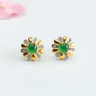 As soon as Yu S925 silver inlaid natural jade earrings ice king green petals earrings factory wholesale FC3090203