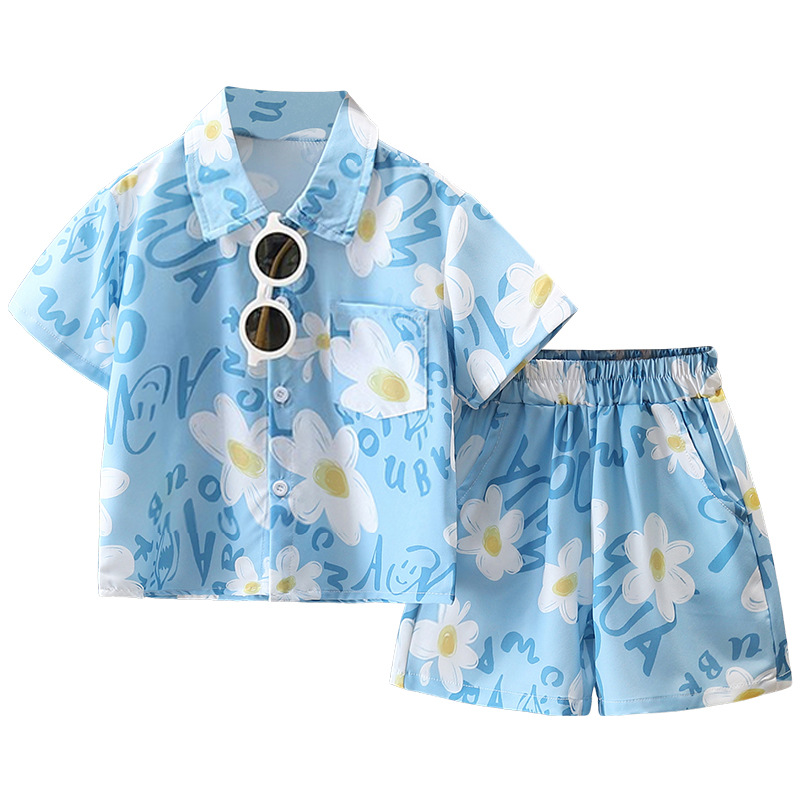 7113 Traje de ropa de playa para niños Camisa de flores de manga corta de verano Pantalones cortos Ropa de verano de vacaciones para niños Traje de dos piezas Red Red Tide