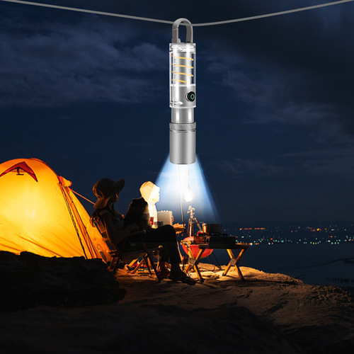 Cross-border dual light source camping light flashlight outdoor breathing atmosphere light keychain light telescopic zoom bright flashlight