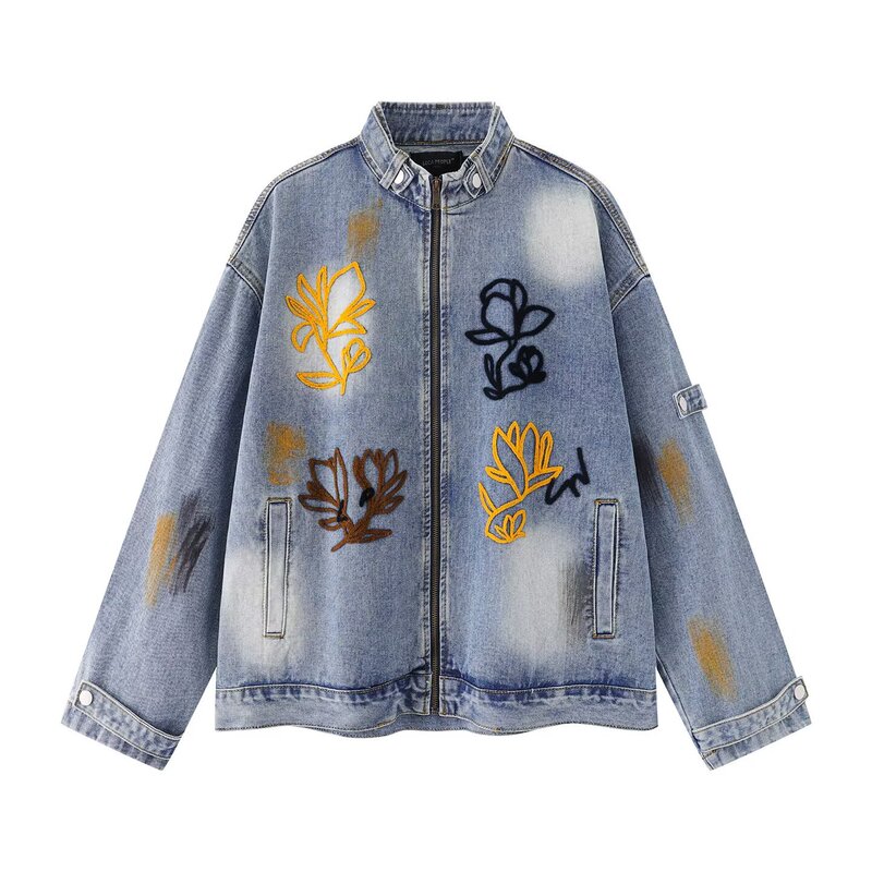 Heavy-Duty/Letter Print Trendy Brand Rhinestone Graffiti Ripped Denim Jacket Slightly Loose Boyfriend Style Lapel Jacket Coat