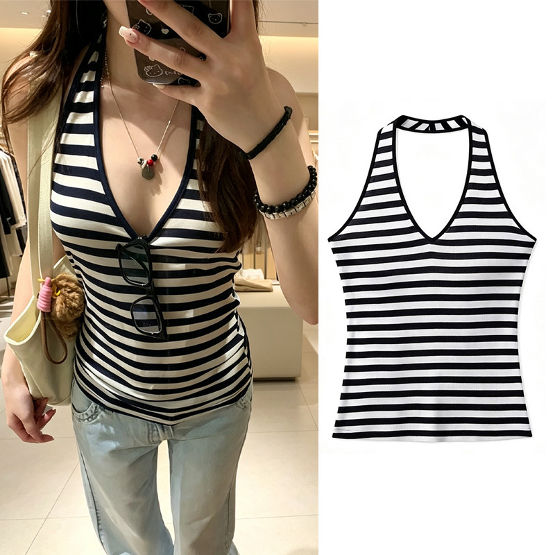 Striped halter neck backless camisole top for women, new summer style, American hot girl, slim fit, beautiful back, sleeveless top, trendy.