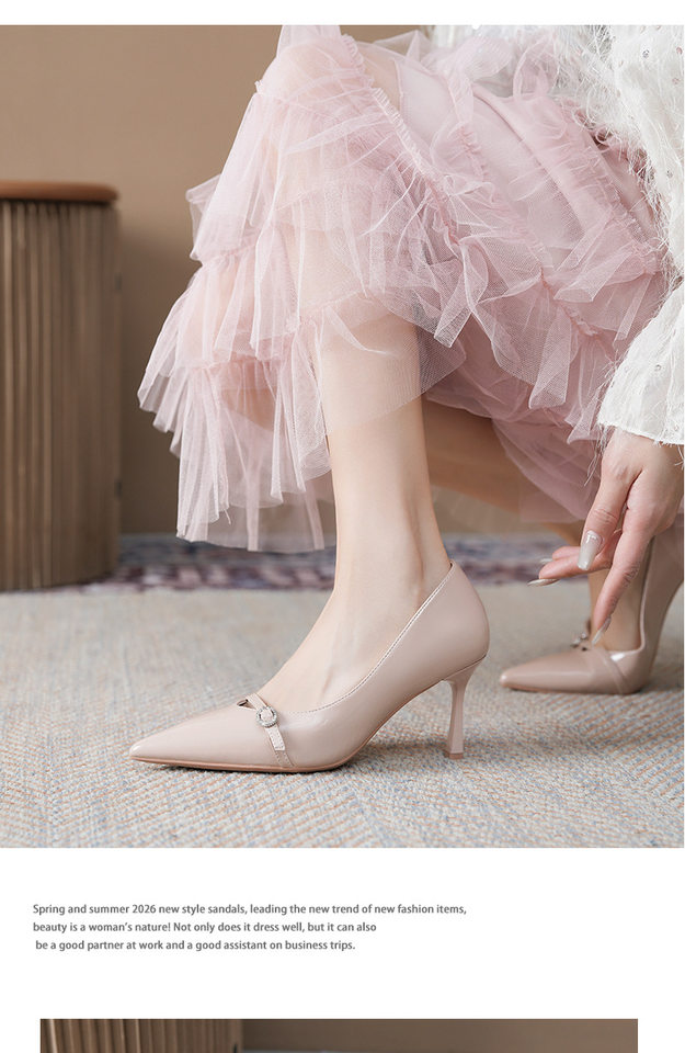Giày cao gót nữ mũi nhọn da bóng quai ngang khóa cài, gót mảnh 6–8 cm — Màu hồng, Màu đỏ rượu, màu đen chi tiết 6