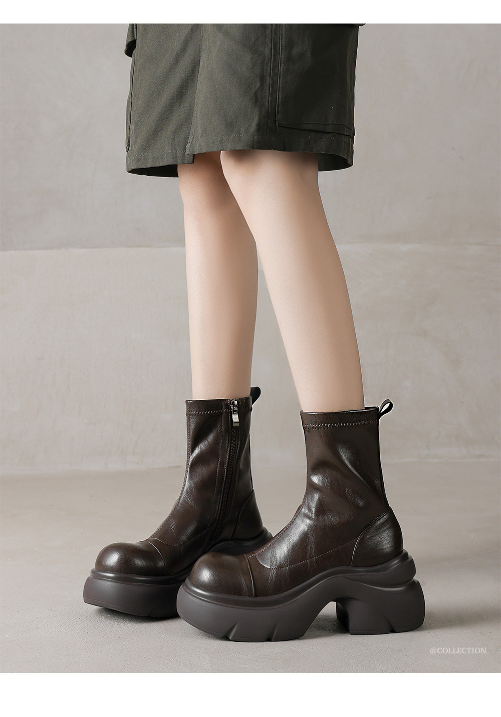 Boot nữ cổ thấp đế dày gót vuông co giãn da thật mùa thu đông — Lớp lót nhung màu nâu, nhung đen, Li đơn màu nâu, Lớp lót đơn màu đen chi tiết 2