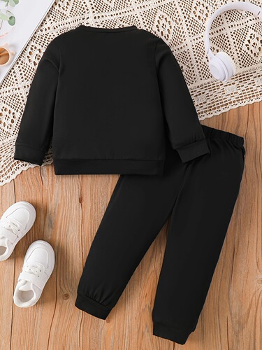 Cross-border INS Infants, children, boys and babies, spring and autumn, bear, hot print, long-sleeved top, trousers, black fashion set