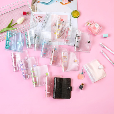 透明閃晶大號3孔活頁本迷妳PVC透明殼便攜活頁線圈彩色夾子手賬本