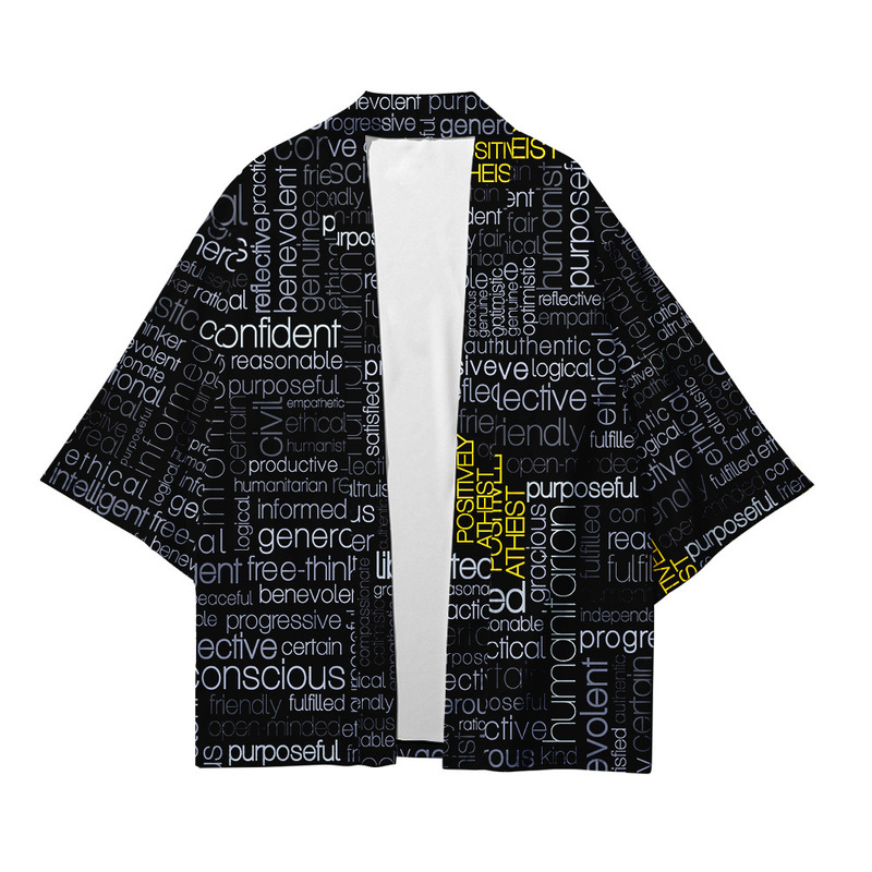 2023 Summer Creative Mixed Series Elements Shirt Three Quarter Sleeve Kimono Cardigan Loose Large Size National Trendy Men 2023 Summer Creative Mixed Series Elements Shirt Three Quarter Sleeve Kimono Cardigan Loose Large Size National Trendy Men