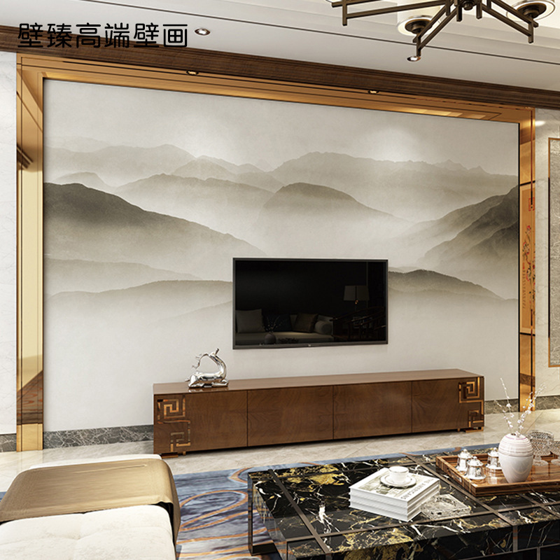 新中式电视背景墙万重山风景图壁布水墨山大气书房客厅意境壁画