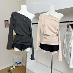 260克人棉秋季舒适纯欲风多种穿法露肩斜领收腰T恤百搭上衣女装
