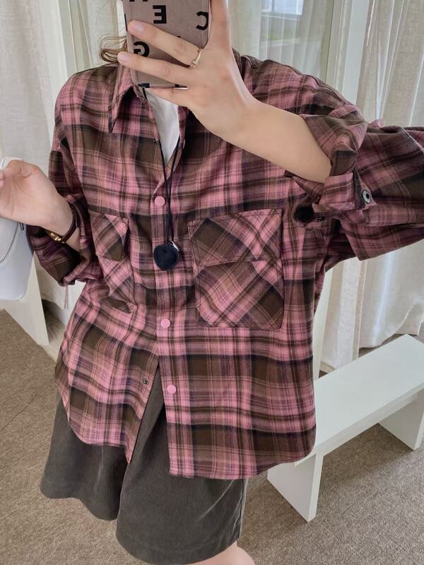 琪镌绘制秋季新款韩版宽松显瘦格子衬衫女长袖休闲百搭衬衣28303|undefined