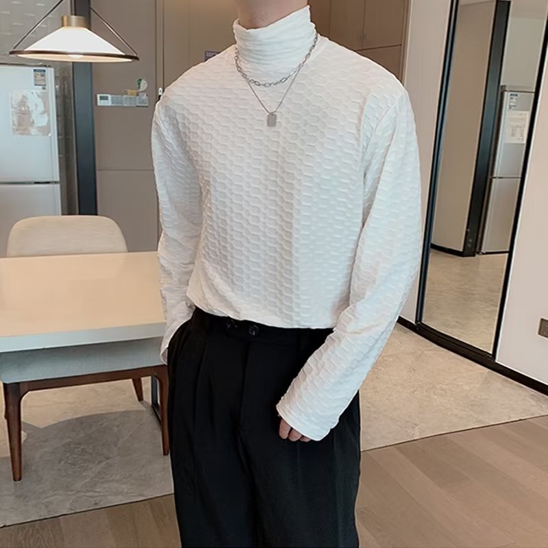Autumn Social Boy American Korean Style Half Turtleneck Wrinkled Texture Long T-Shirt White Plaid High Collar Long T-Shirt 2025