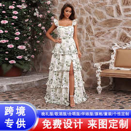 亚马逊新款吊带抹胸晚礼服碎花开衩长裙印花蛋糕裙礼服舞会连衣裙