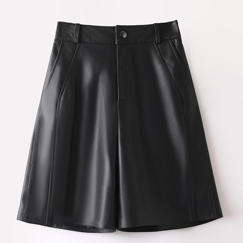 2025 Women's Leather Shorts Autumn and Winter Pu Washed Leather Pants High-Waisted Wide-Leg Knee-Length Loose Slimming Boot Shorts Straight Mid-Length Pants