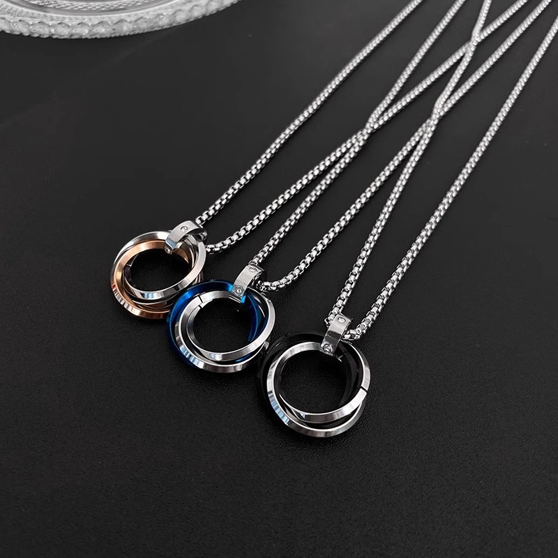 Titanium Steel Triple Ring Necklace With Diamond Pendant_voghion.com