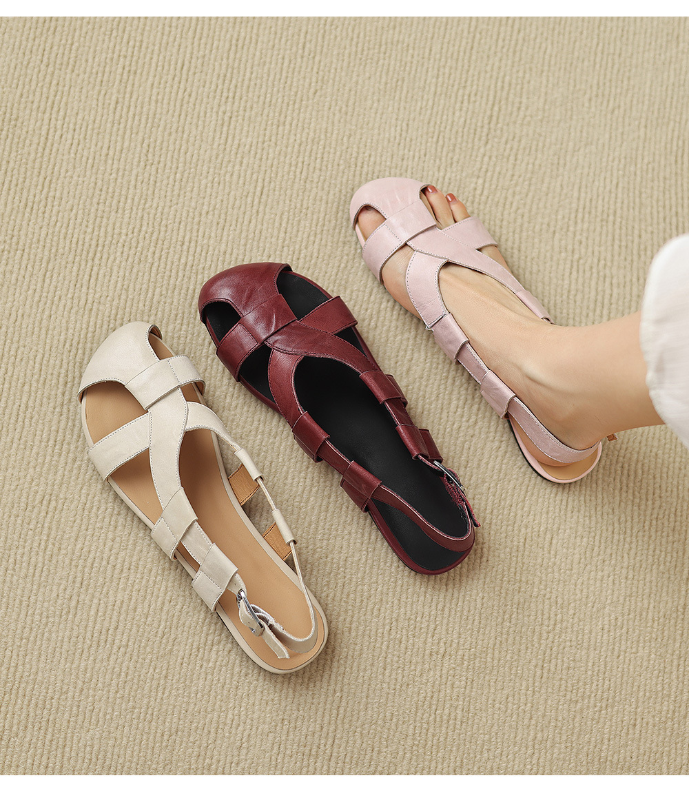 Sandal nữ bệt bọc mũi da bò đan vintage phong cách La Mã — Gạch đỏ chi tiết 2