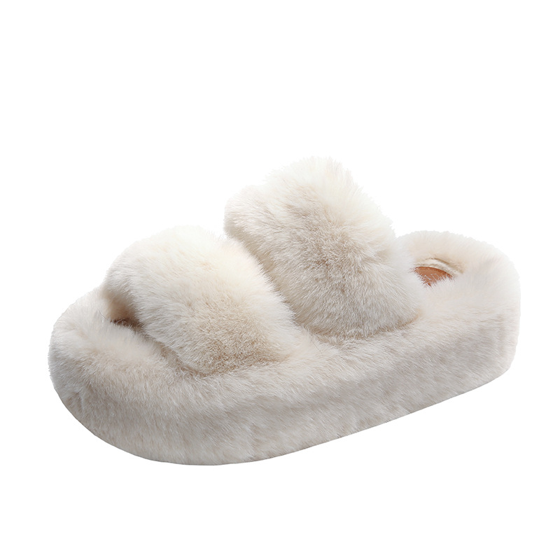 Two Bar 7CM Hairy for Women's Outerwear Home Classic Solid Color Flat Heel Comfortable Cotton Slippers_voghion.com