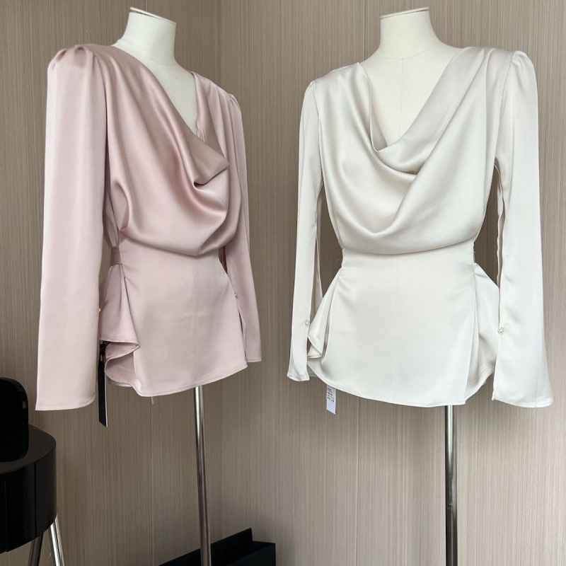 French Satin Elegant High-end Long-sleeved Shirt Women's Spring New Swing Collar Loose Lace-up Waisted Shirt Top French Satin Elegant High-end Long-sleeved Shirt Women's Spring New Swing Collar Loose Lace-up Waisted Shirt Top