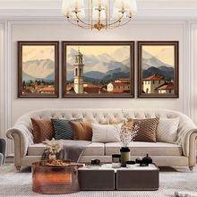 美式客厅装饰画沙发背景墙挂画复古建筑壁画风景油画欧式三联画