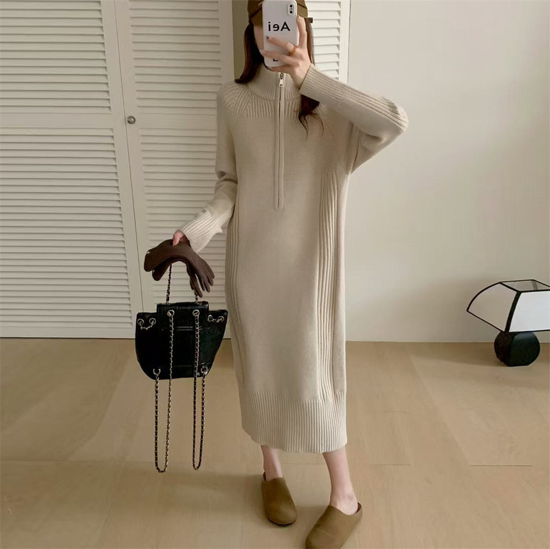 2025 Autumn/Winter Cross-Border Knitted Dress for Women, Mid-Length, Thickened, Loose Fit, Stand Collar, Casual Long Sleeve, Oatmeal Color