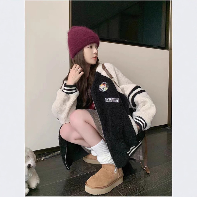 春秋加厚韩版羊羔绒冬季拼接羊羔毛外套女保暖情侣棒球服学院风|undefined