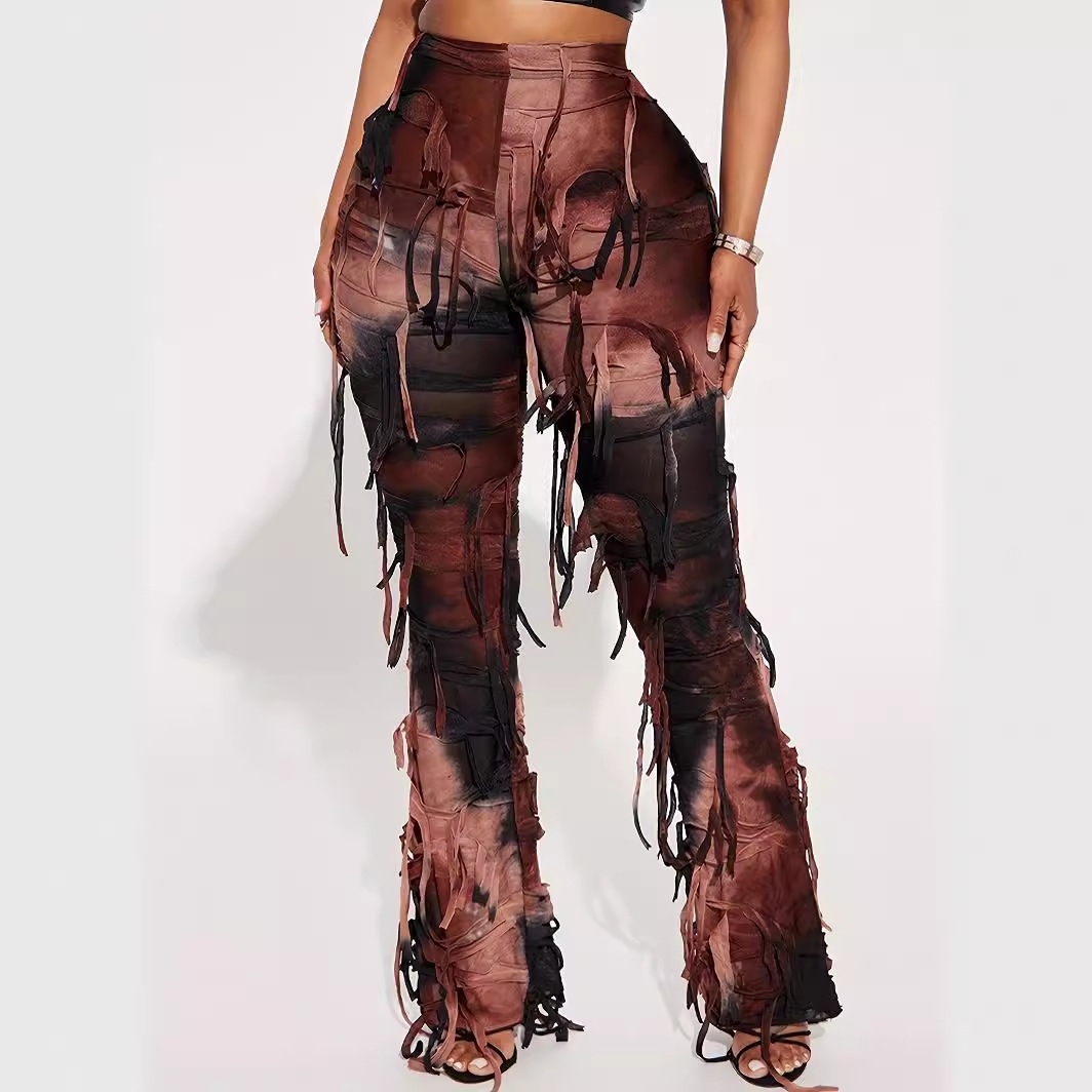 JFL053欧美风时尚高腰个性撞色扎染长裤流苏乞丐装休闲裤女