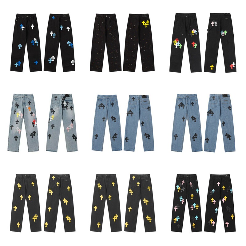 26 correct version CH Chrome Hearts cross patch embroidery washed jeans for couples, loose fit denim wholesale and dropshipping