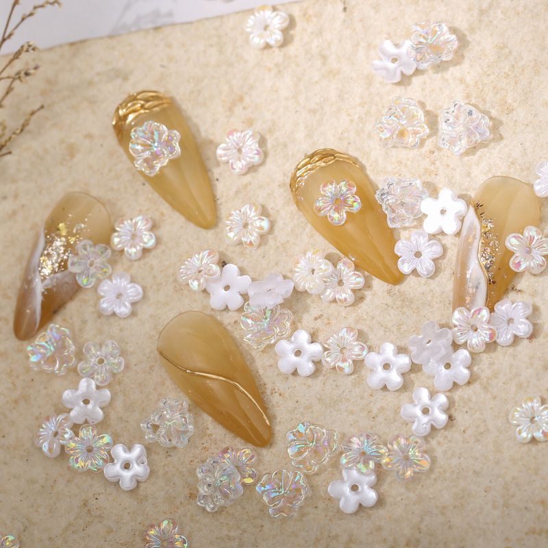 Nail Art five petal flower rolling plating colorful Aurora pearl white three-dimensional medium hole small net red small white flower nail decoration