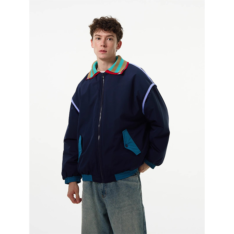 American Style Retro College Style Contrast Color Double Collar Jacket Men's 2024 Spring and Autumn New Loose All-match Baseball Suit Jacket
